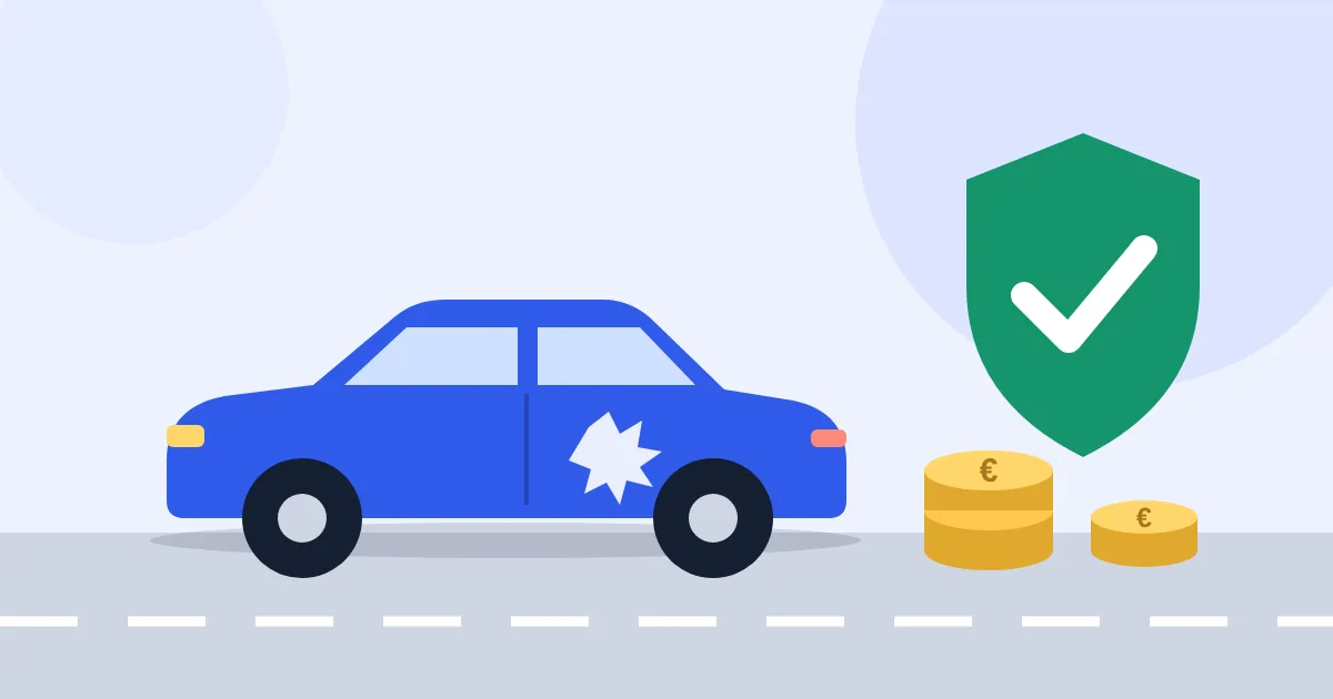 Coche azul con un golpe en la puerta junto a un escudo verde y unas monedas, que representan la franquicia